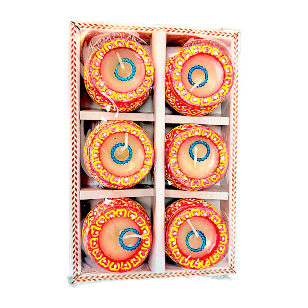 6 pack, Medium hand painted Matki diyas with wax , assorted colors