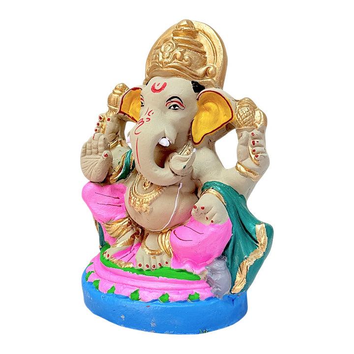 Eco-Friendly Clay Ganesha, clay, color and gold on throne 8" (colors may vary)