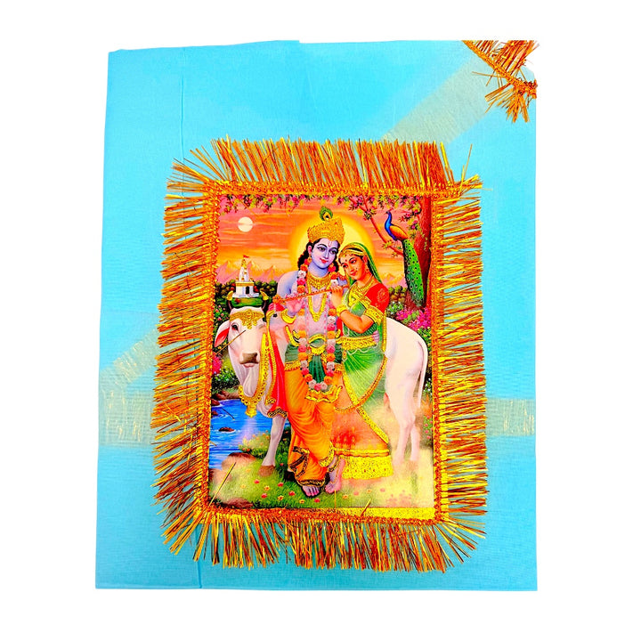 Blue Jhandi Flag with Krishna — Devotional Prayer Flag with Gold Fringe | Krishna Jhandi for Mandir &amp; Outdoor Pole