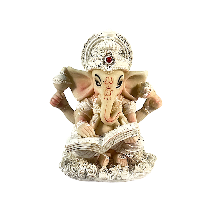 Decorated Ganesha Reading Book with Gem 4 Inch Statue Red/gold/white and White W/O Book