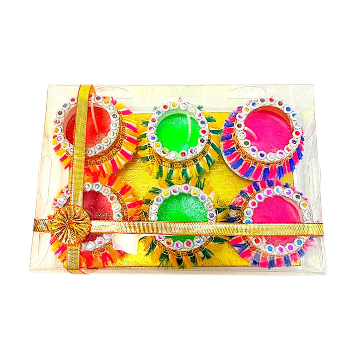 Tassel-Fringe Clay Matki Diyas with Colored Wax, Set of 6 – Rhinestone &amp; Gota Trim, Assorted Colors