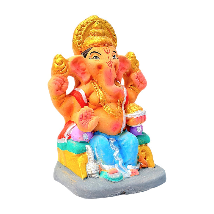 Eco Friendly Ganesha 6" — Clay Ganpati Murti Seated on Cushion Throne (Color combinations may vary)