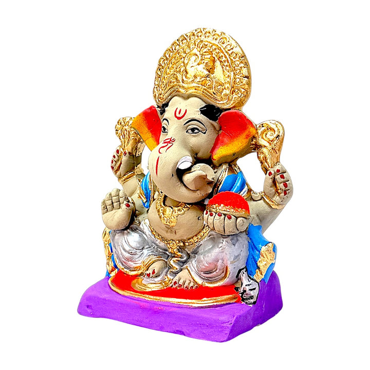 Eco-Friendly Clay Ganesha, clay, color and gold 6" (color combination may vary)