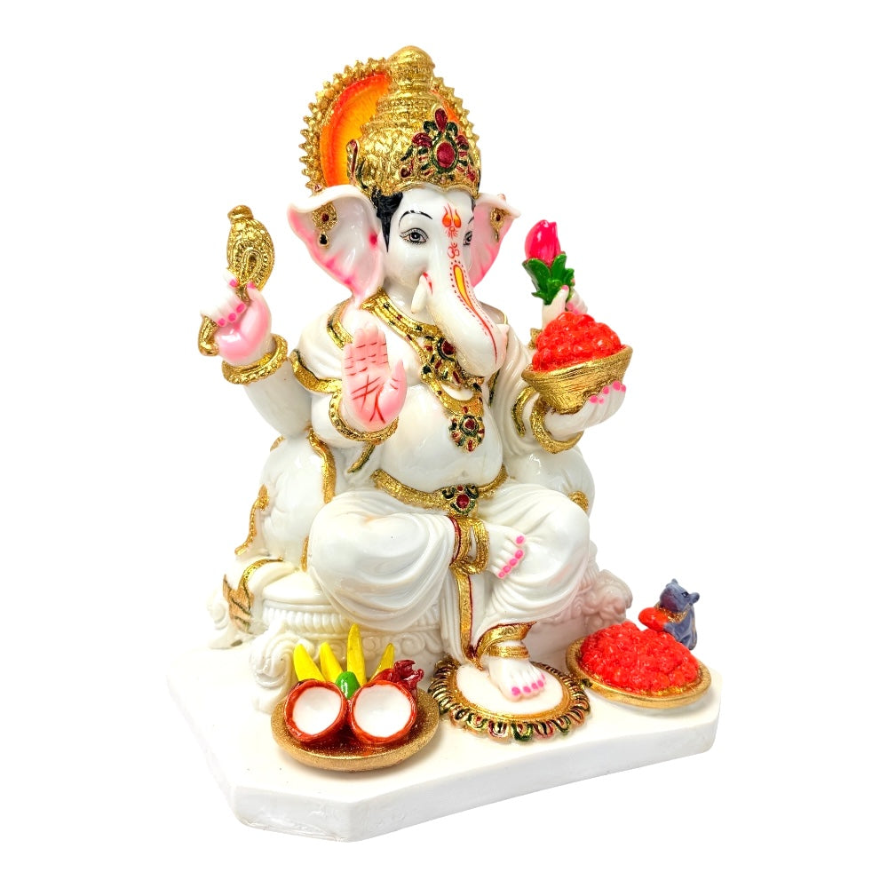 Lord Ganesha Statue with Offerings, White &amp; Gold Marble Dust Idol, 12 Inches