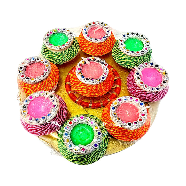 Thread-Wrapped Clay Matki Diyas with Rhinestone Rim &amp; Colored Wax, Set of 9 on Round Gold Tray – Assorted Colors