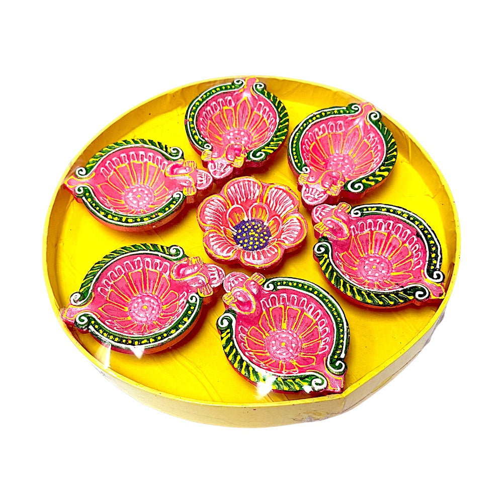 Set of 7 colored clay diyas, on round tray, colors and design may vary