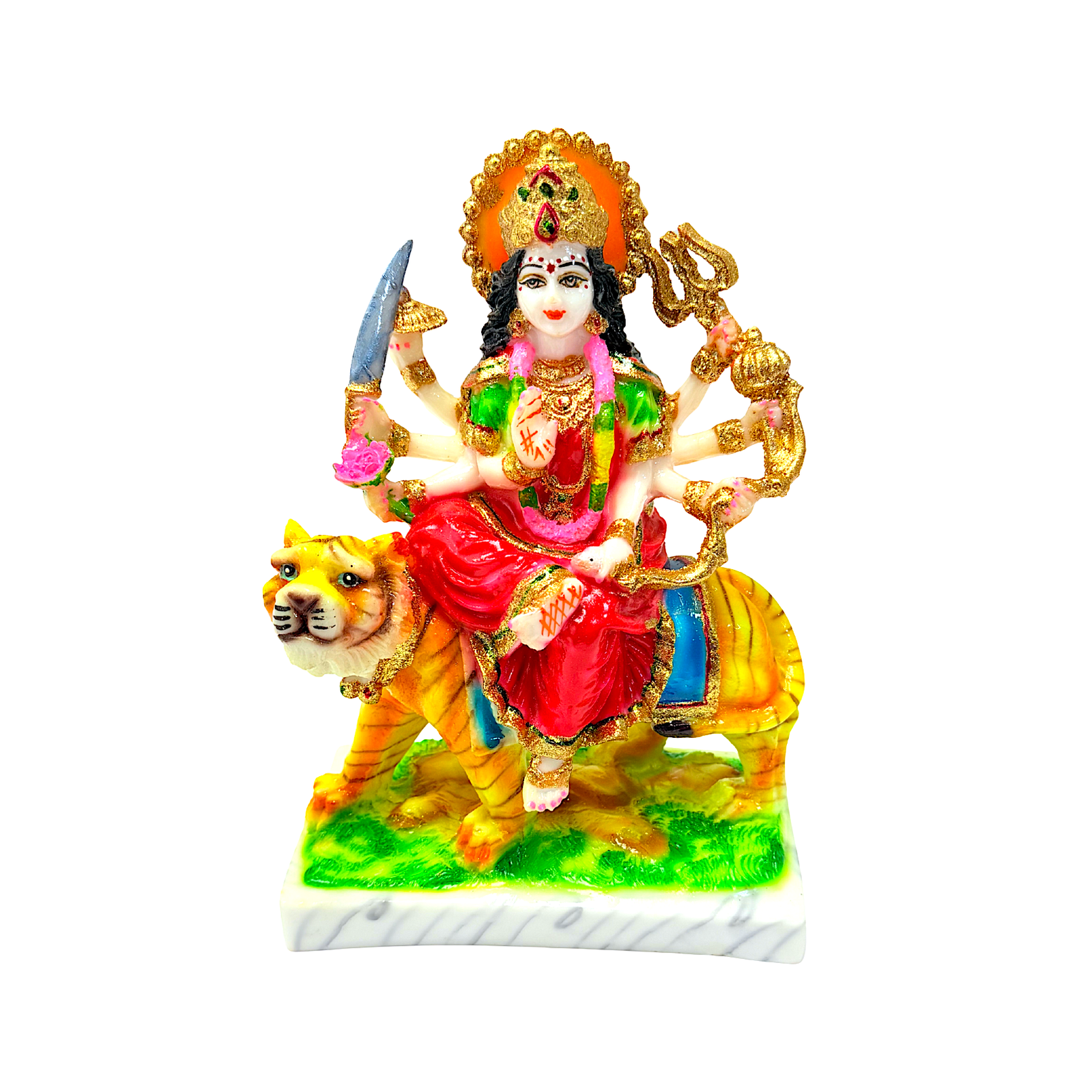 Goddess Durga on Tiger, Colorful Marble Dust, 9 Inch Idol