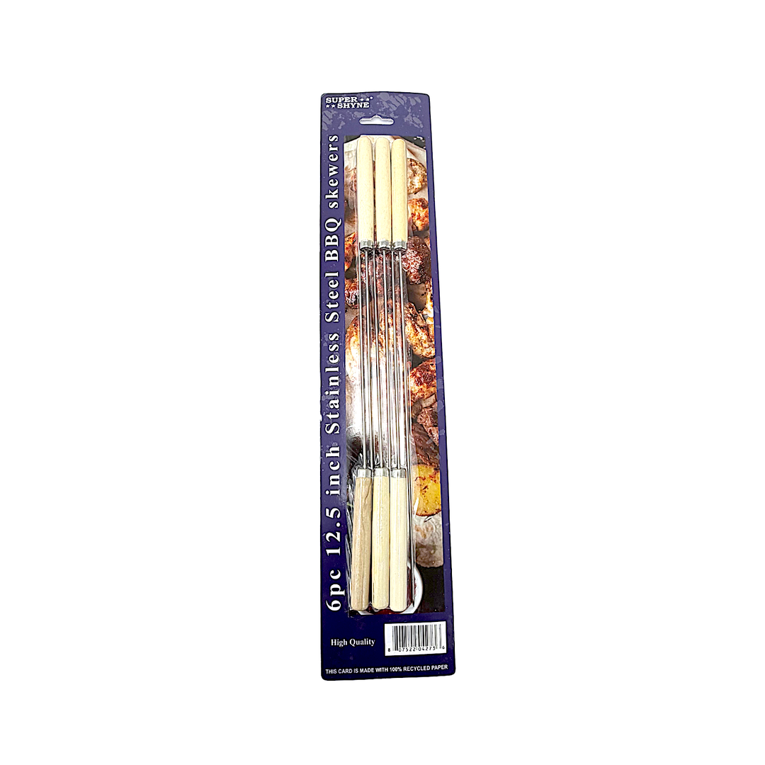 6 pc Stainless Steel BBQ Skewers, 12.5 Inch with Wooden Handle