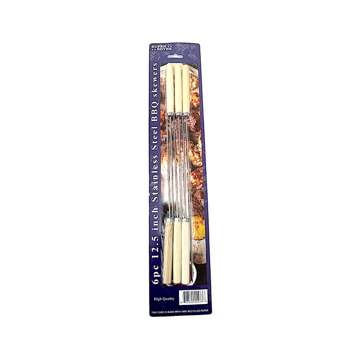 6 pc Stainless Steel BBQ Skewers, 12.5 Inch with Wooden Handle
