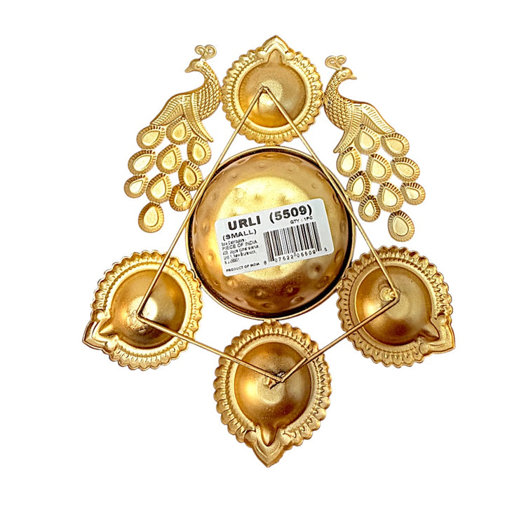 Peacock Urli Diya Set with 4 Diyas – Gold Tone Decorative Puja &amp; Diwali Centerpiece, 7.5 inches