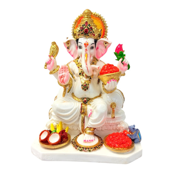 Lord Ganesha Statue with Offerings, White &amp; Gold Marble Dust Idol, 12 Inches