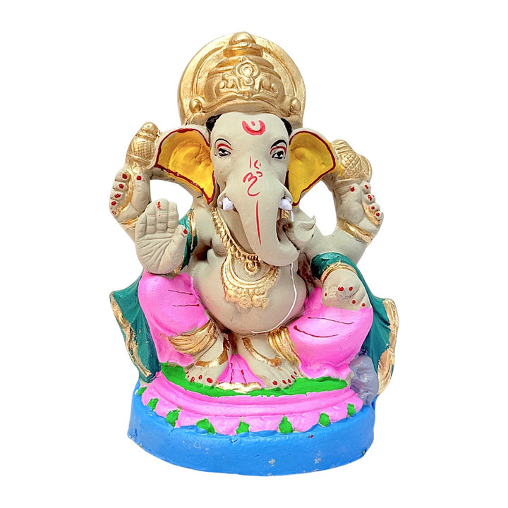 Eco-Friendly Clay Ganesha, clay, color and gold on throne 8" (colors may vary)
