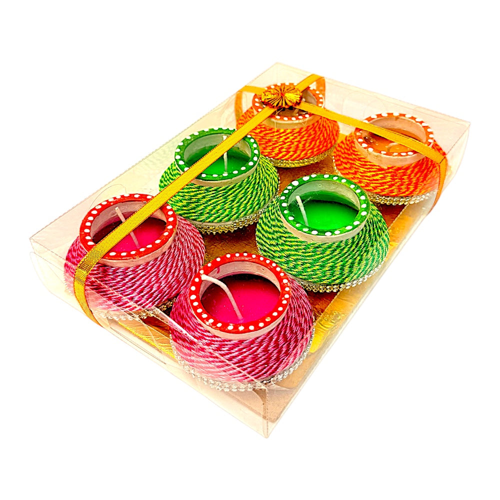 Thread-Wrapped Clay Matki Diyas with Colored Wax, Set of 6 – Assorted Colors, Gift Boxed