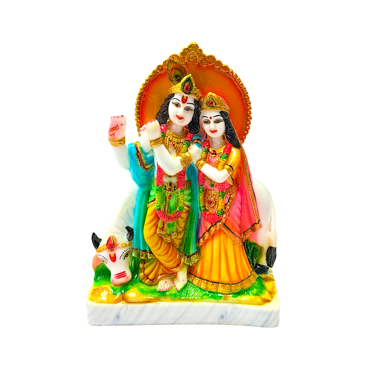Radha Krishna with Cow, Colorful Marble Dust, 9 Inch Idol