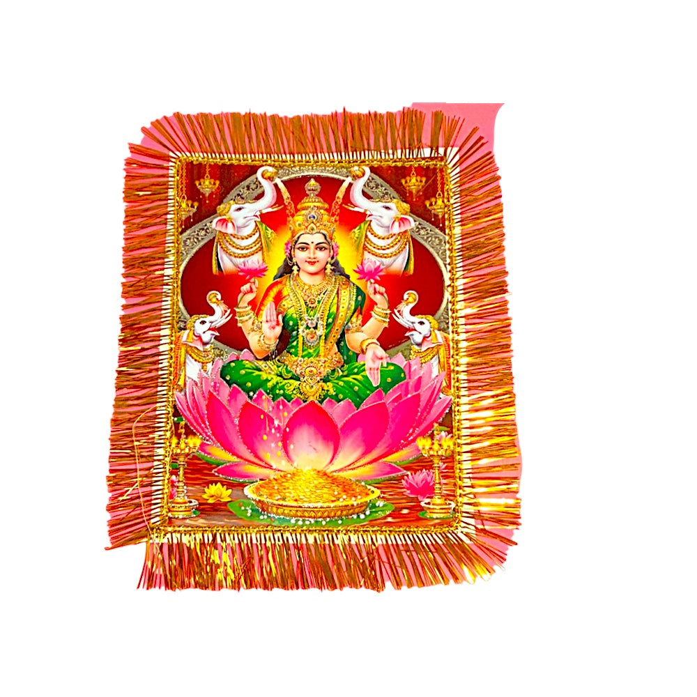 Pink Jhandi Flag with Lakshmi — Devotional Prayer Flag with Gold Fringe | Lakshmi Jhandi for Mandir &amp; Outdoor Pole