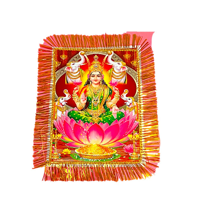 Pink Jhandi Flag with Lakshmi — Devotional Prayer Flag with Gold Fringe | Lakshmi Jhandi for Mandir &amp; Outdoor Pole
