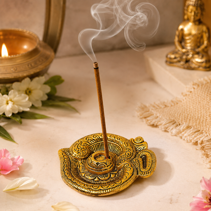 Om Plate Incense Burner – Antique Gold Metal Agarbatti &amp; Dhoop Holder with Ash Catcher