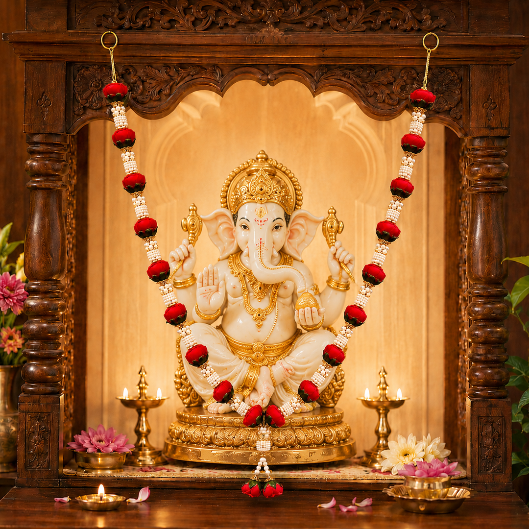 Artificial Rose Bud Garland with Pearl Beads, 24 Inch Indian Puja Mandir Garland, Wedding Festival Decor, Single or Double Set