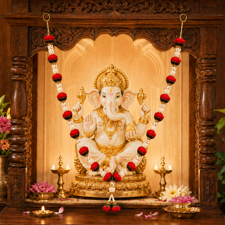Artificial Rose Bud Garland with Pearl Beads, 24 Inch Indian Puja Mandir Garland, Wedding Festival Decor, Single or Double Set
