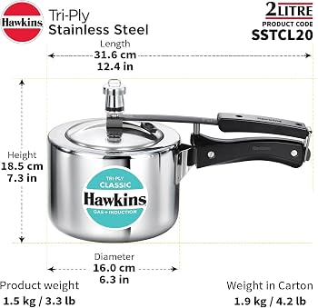 Hawkins Classic Tri-Ply Stainless Steel Pressure Cooker – 2 Liter | SSTCL20 | Induction Compatible