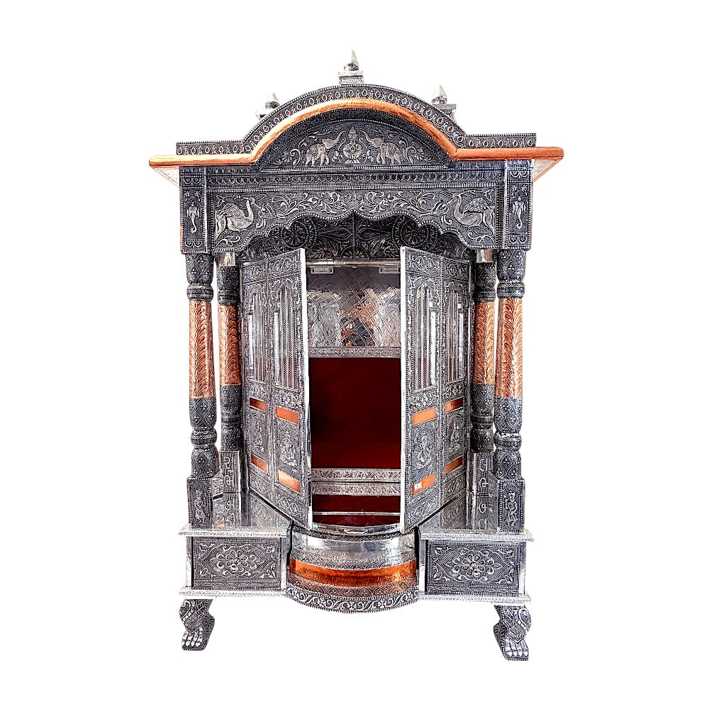 Oxidized Silver &amp; Copper Temple Mandir with Doors, Drawers &amp; Shikhar Dome — Large Home Puja Temple 24 Inch*15 Inch Temple