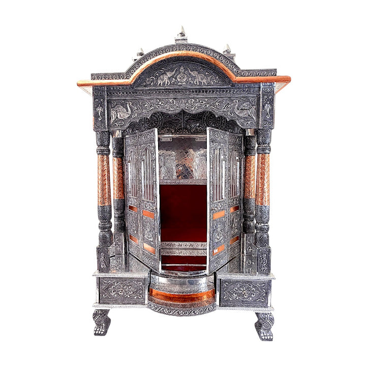 Oxidized Silver &amp; Copper Temple Mandir with Doors, Drawers &amp; Shikhar Dome — Large Home Puja Temple 24 Inch*15 Inch Temple