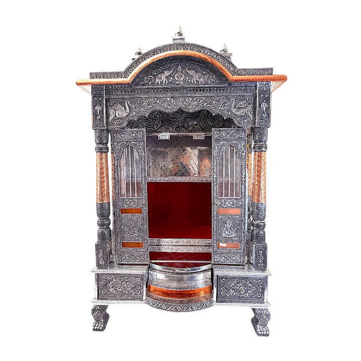 Oxidized Silver &amp; Copper Temple Mandir with Doors, Drawers &amp; Shikhar Dome — Large Home Puja Temple 24 Inch*15 Inch Temple