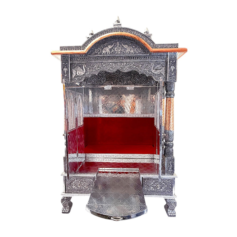 Oxidized Silver &amp; Copper Temple Mandir with Doors, Drawers &amp; Shikhar Dome — Large Home Puja Temple 24 Inch*15 Inch Temple