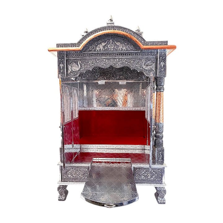 Oxidized Silver &amp; Copper Temple Mandir with Doors, Drawers &amp; Shikhar Dome — Large Home Puja Temple 24 Inch*15 Inch Temple