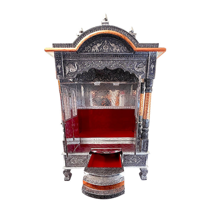 Oxidized Silver &amp; Copper Temple Mandir with Doors, Drawers &amp; Shikhar Dome — Large Home Puja Temple 24 Inch*15 Inch Temple