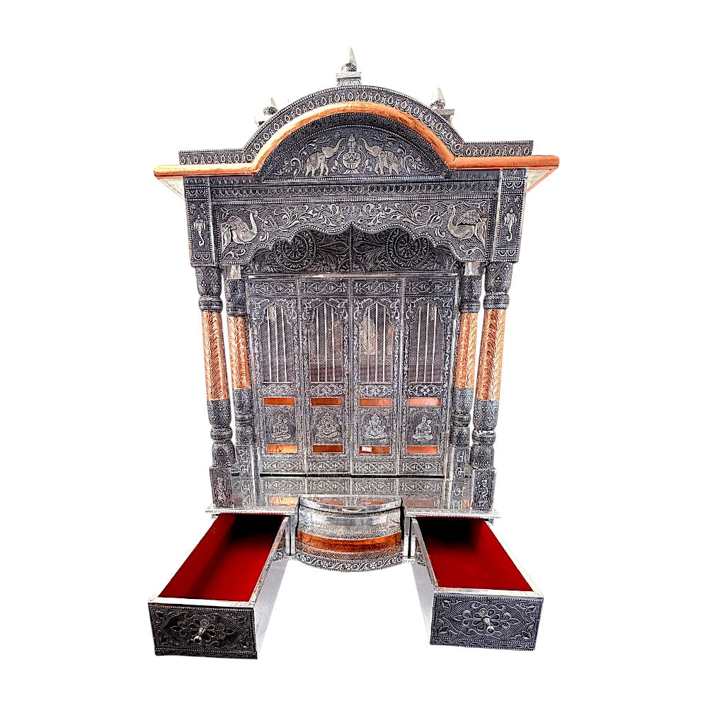Oxidized Silver &amp; Copper Temple Mandir with Doors, Drawers &amp; Shikhar Dome — Large Home Puja Temple 24 Inch*15 Inch Temple