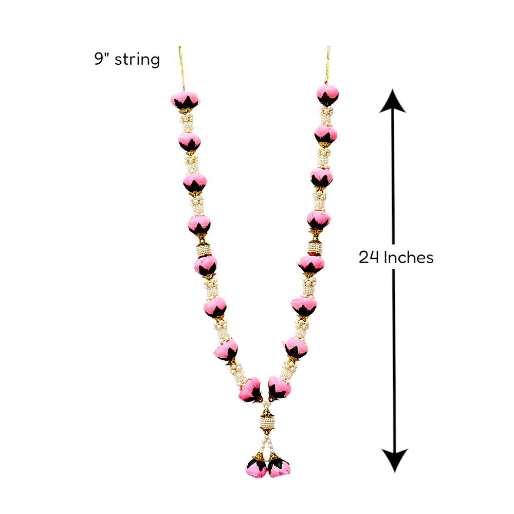 Artificial Rose Bud Garland with Pearl Beads, 24 Inch Indian Puja Mandir Garland, Wedding Festival Decor, Single or Double Set