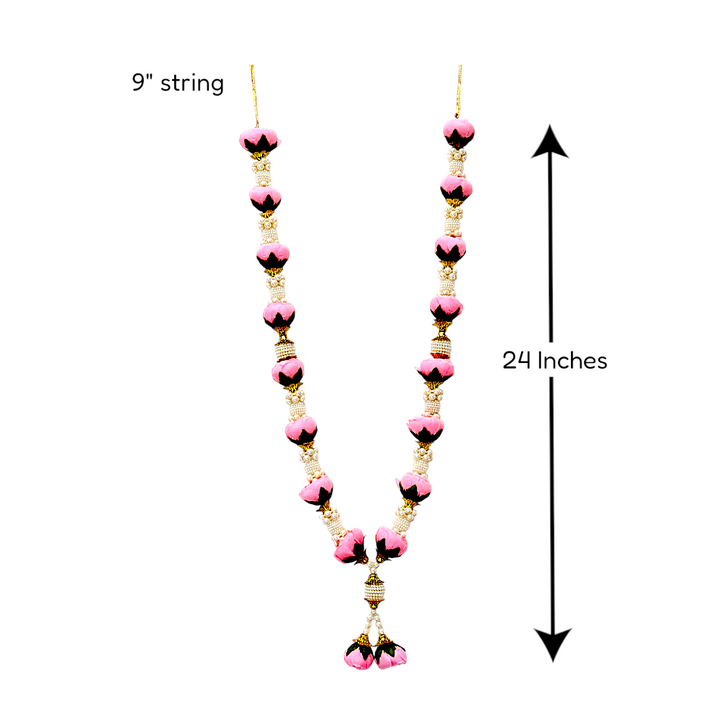 Artificial Rose Bud Garland with Pearl Beads, 24 Inch Indian Puja Mandir Garland, Wedding Festival Decor, Single or Double Set