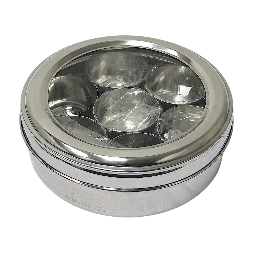 Stainless Steel See-Through Spice Box (Masala Dibba) with Spoon,  8.5"