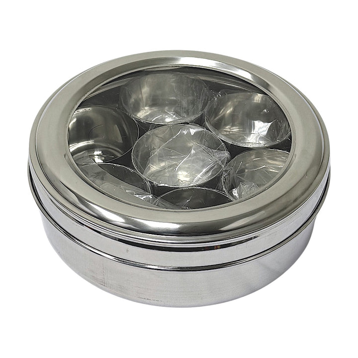 Stainless Steel See-Through Spice Box (Masala Dibba) with Spoon,  8.5"