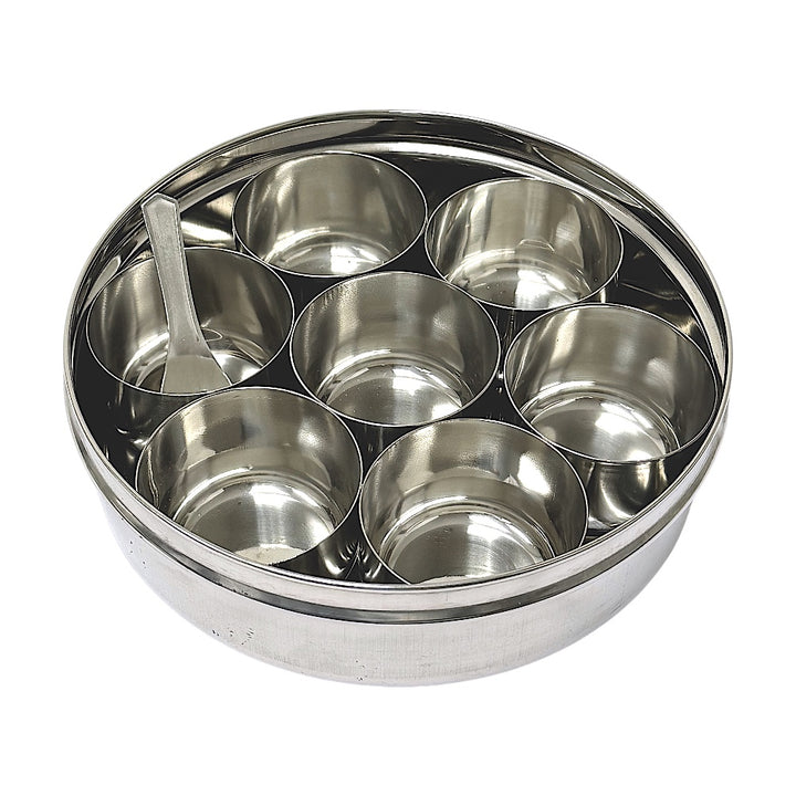 Stainless Steel See-Through Spice Box (Masala Dibba) with Spoon,  8.5"