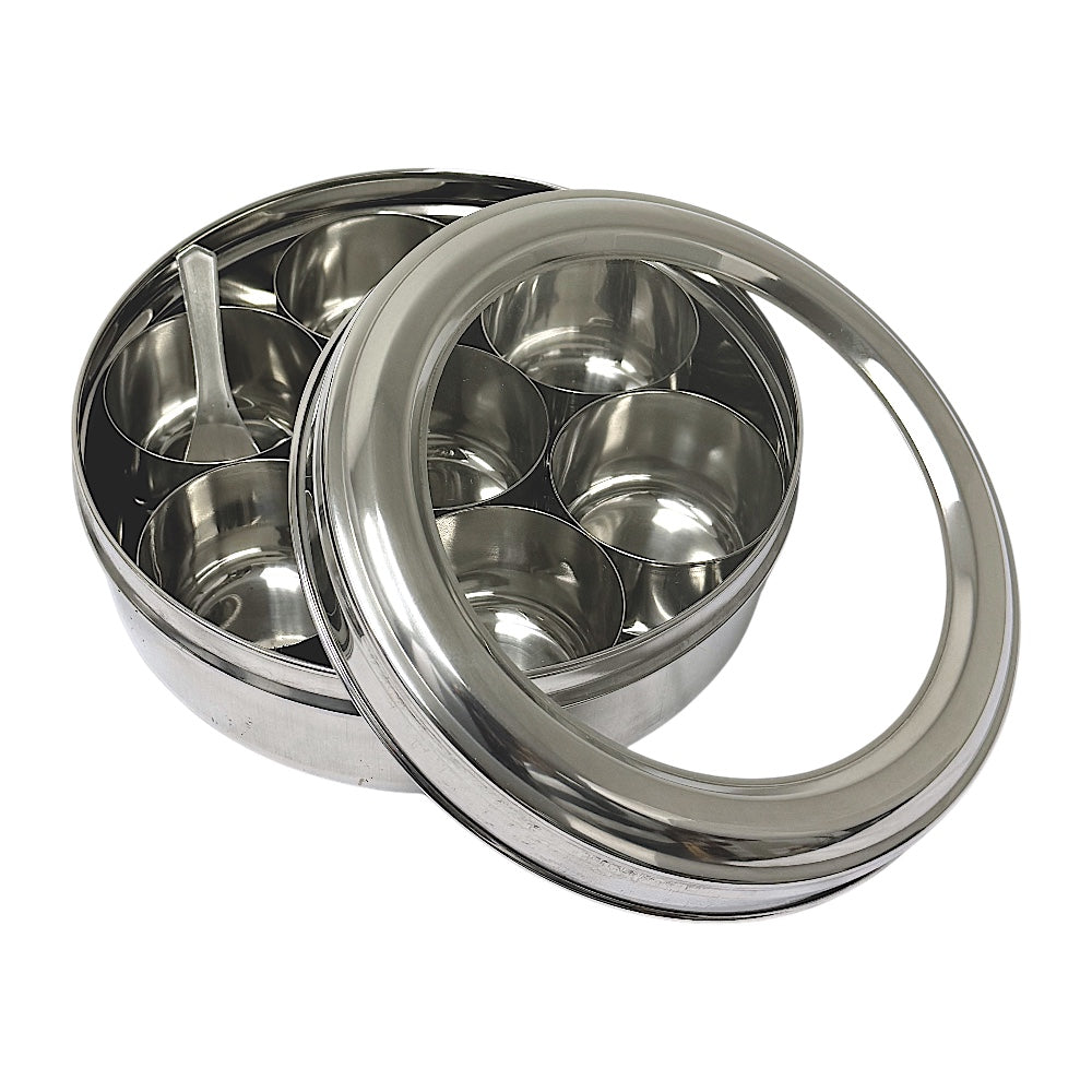 Stainless Steel See-Through Spice Box (Masala Dibba) with Spoon,  8.5"