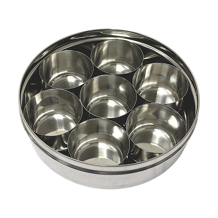 Stainless Steel See-Through Spice Box (Masala Dibba) with Spoon,  8.5"