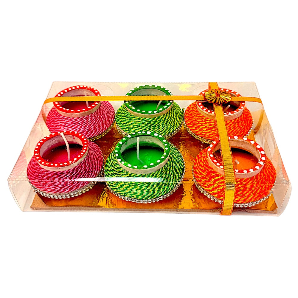 Thread-Wrapped Clay Matki Diyas with Colored Wax, Set of 6 – Assorted Colors, Gift Boxed