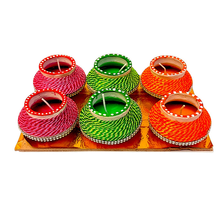 Thread-Wrapped Clay Matki Diyas with Colored Wax, Set of 6 – Assorted Colors, Gift Boxed