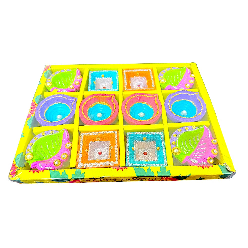12 pc Deco Diya Box (Paan+HK+EkVat), colorful diyas