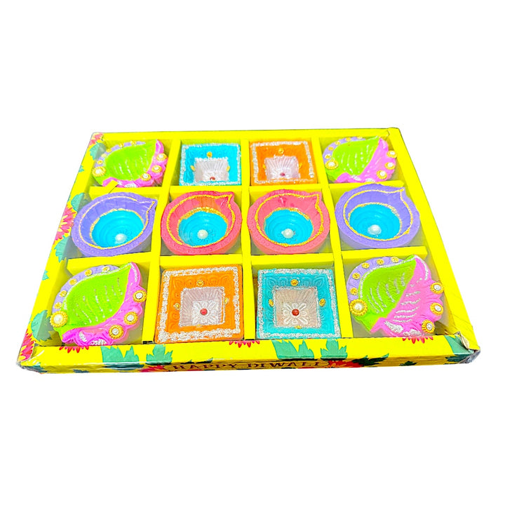 12 pc Deco Diya Box (Paan+HK+EkVat), colorful diyas