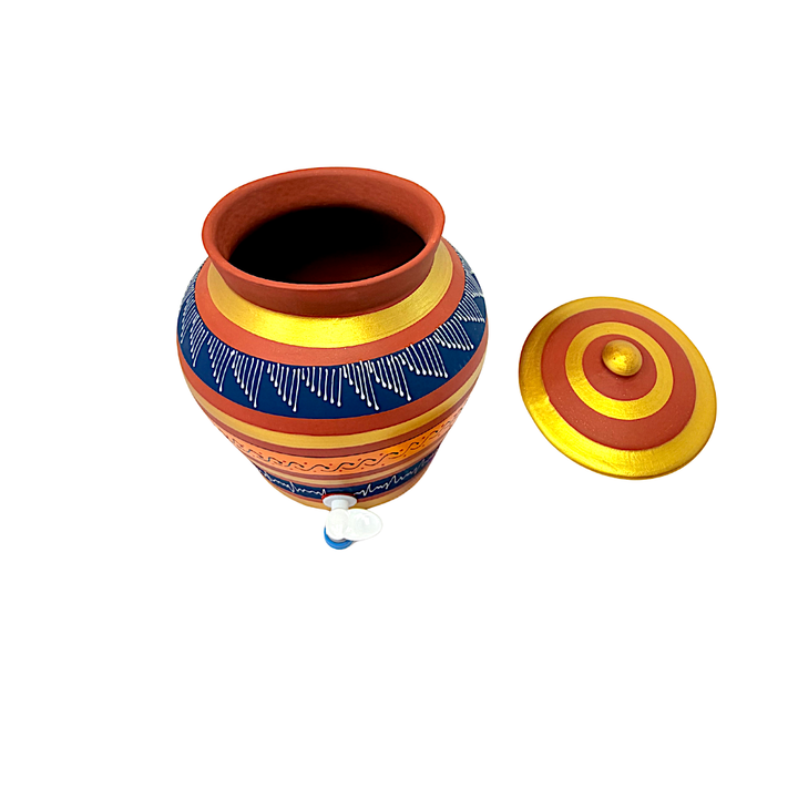 Clay Matka (Water tank) with Lid, Hand Painted with Tap, 8L (Color and Design may vary) - view 2