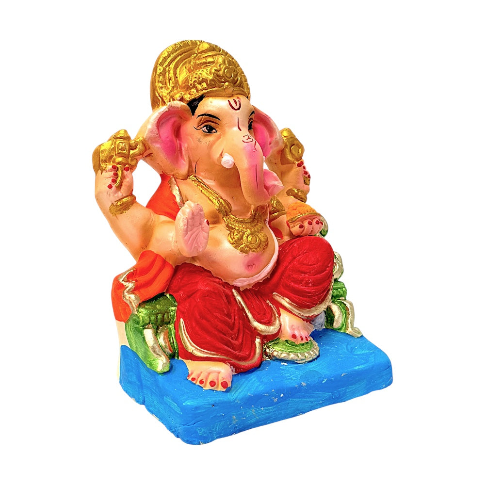 Eco Friendly Ganesha 8" — Clay Ganpati Murti with Gold Mukut