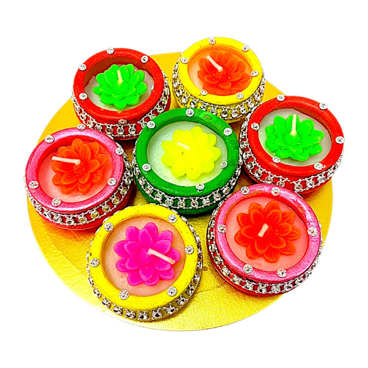 Lotus Flower Wax Clay Diyas with Rhinestone Trim, Set of 7 on Round Gold Tray – Assorted Colors