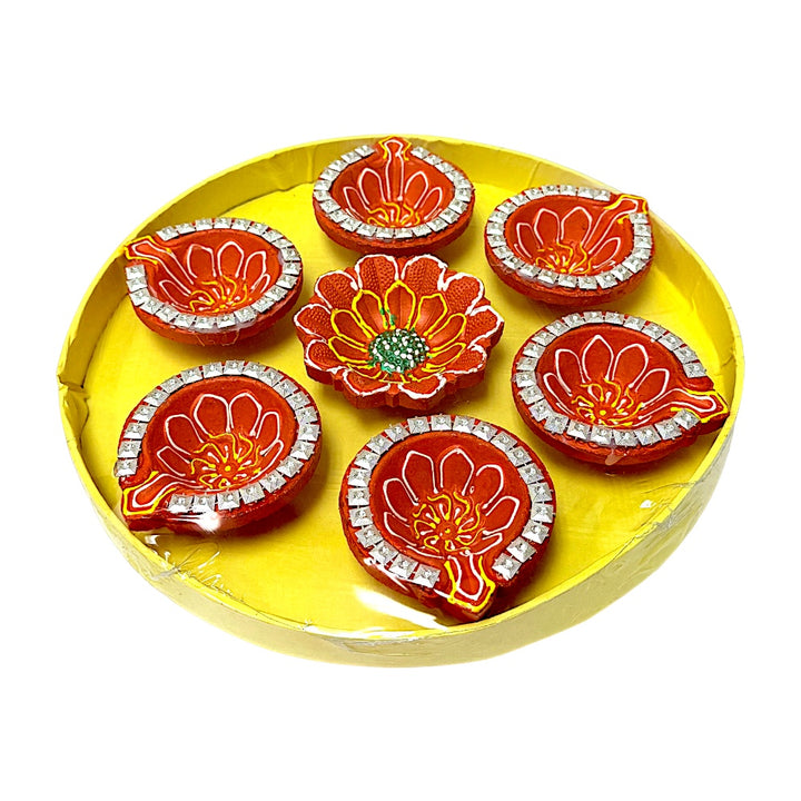 Set of 7 colored clay diyas, on round tray, colors and design may vary