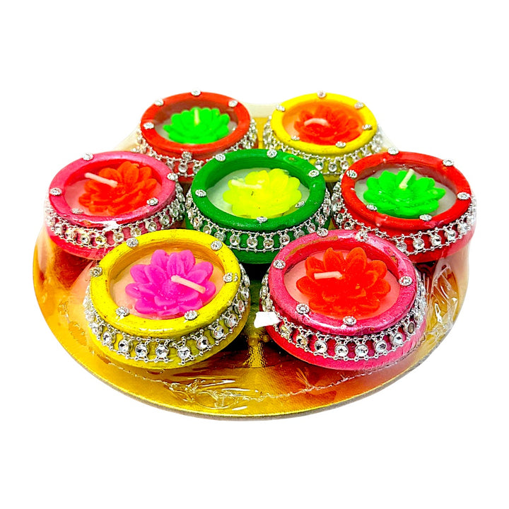 Lotus Flower Wax Clay Diyas with Rhinestone Trim, Set of 7 on Round Gold Tray – Assorted Colors