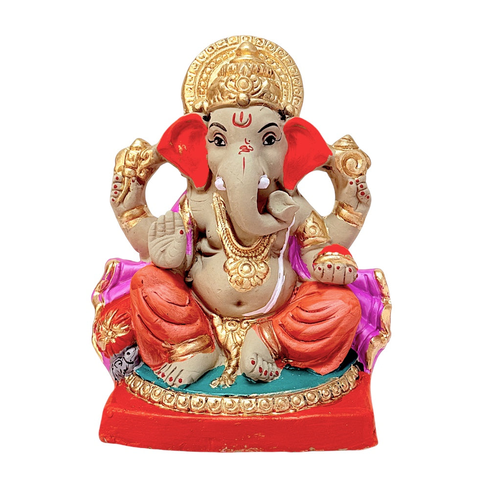 Eco Friendly Ganesha 8" — Clay Ganpati Murti with Gold Mukut &amp; Orange Dhoti | Handmade Natural Finish