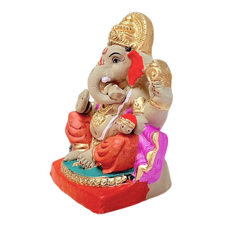 Eco Friendly Ganesha 8" — Clay Ganpati Murti with Gold Mukut &amp; Orange Dhoti | Handmade Natural Finish