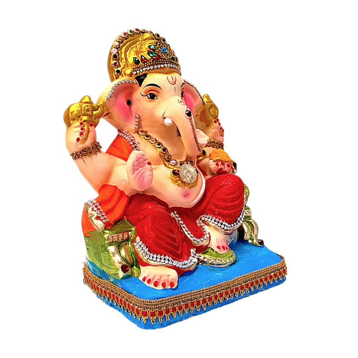 Eco Friendly Ganesha 8" — Premium Clay Ganpati Murti with Jeweled Crown &amp; Stonework | Handmade
